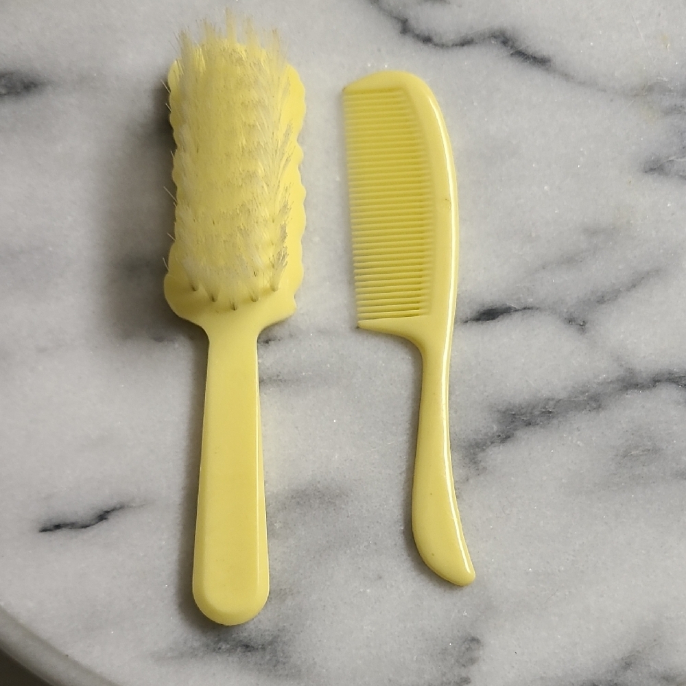 Vintage Baby Brush and Comb Set Pastel Yellow